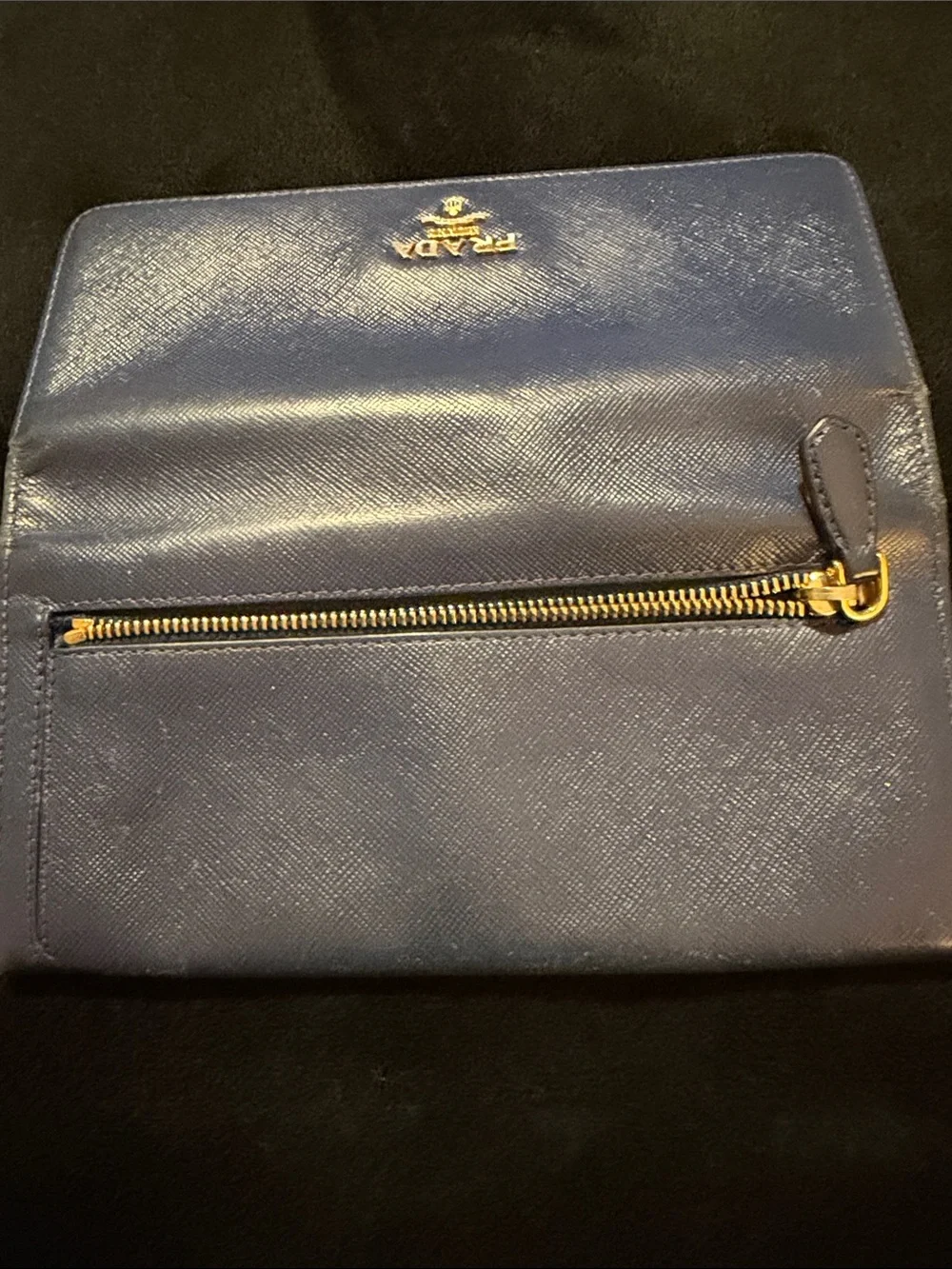 Prada Navy Blue Saffiano Leather Continental Wallet with Gold Logo